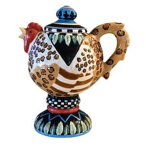 Safari Whimsy Decorative Rooster Teapot w/Lid, Hand-Painted 9" Vintage 2000